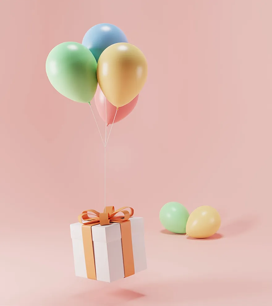 3D illustration of gift with baloons